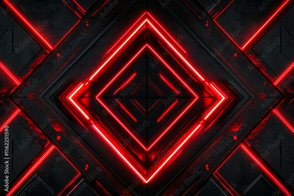 Poster futuristic neon red diamond pattern with geometric symmetry and abstract design. gamer background