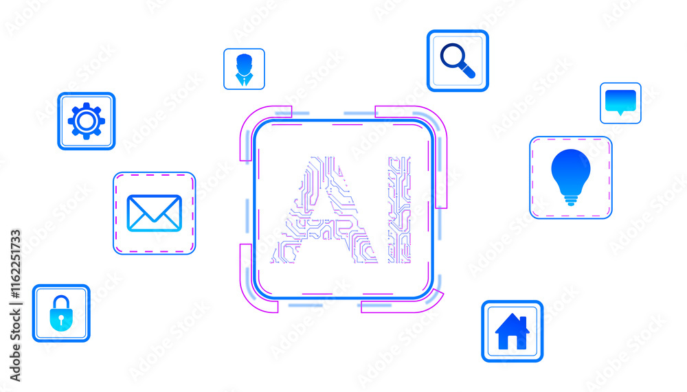 Aufkleber Abstract AI-themed design featuring circuit-patterned AI text with technology icons, clean isolated layout, white background, concept of innovation. 3D Rendering.