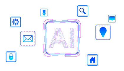 Abstract AI-themed design featuring circuit-patterned AI text with technology icons, clean isolated layout, white background, concept of innovation. 3D Rendering.