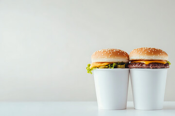 Two mouthwatering burgers in white cups