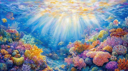 Naklejka premium Artistic Coral Reef Scene with Sunlight Filtering Through Water