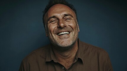 Fototapeta premium Happy Mature Man Portrait Smiling Face Studio Shot Close up Brown Shirt Emotional Exp