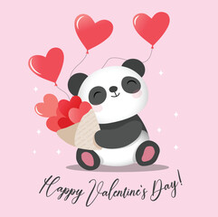 Cute panda with hearts for Valentine`s day. Vector illustration