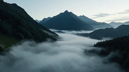 A serene landscape featuring misty valleys and majestic mountains, evoking tranquility and the beauty of nature.