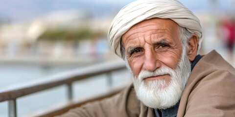 Senior muslim man smiling, sporting white beard and traditional turban, close up portrait