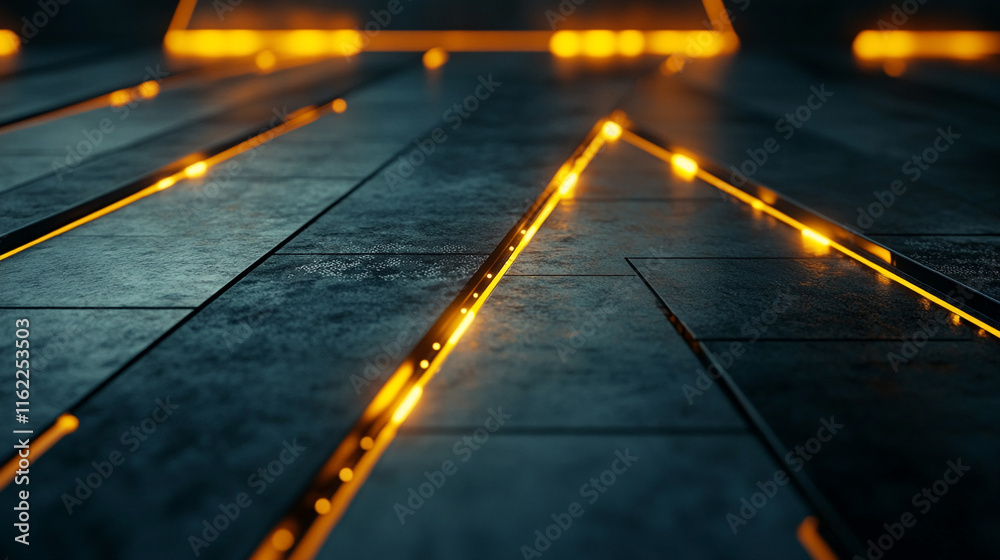 Poster futuristic illuminated surface with golden light lines and abstract details. gamer background