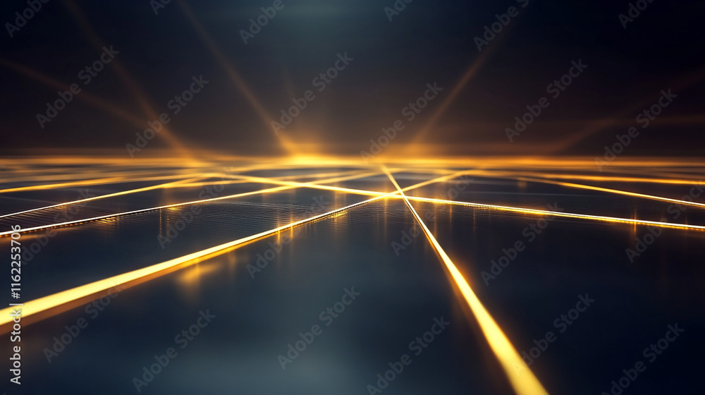 Poster abstract golden light rays on dark reflective surface with futuristic perspective. gamer background