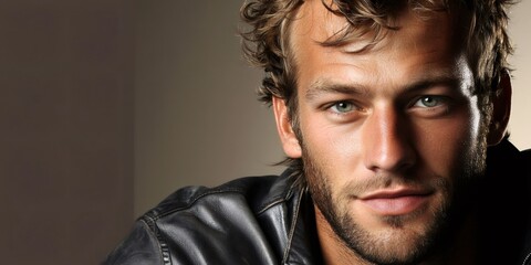 Obraz premium Close up portrait showing man with emerald green eyes, tousled hair, donning black leather jacket, gazing intently