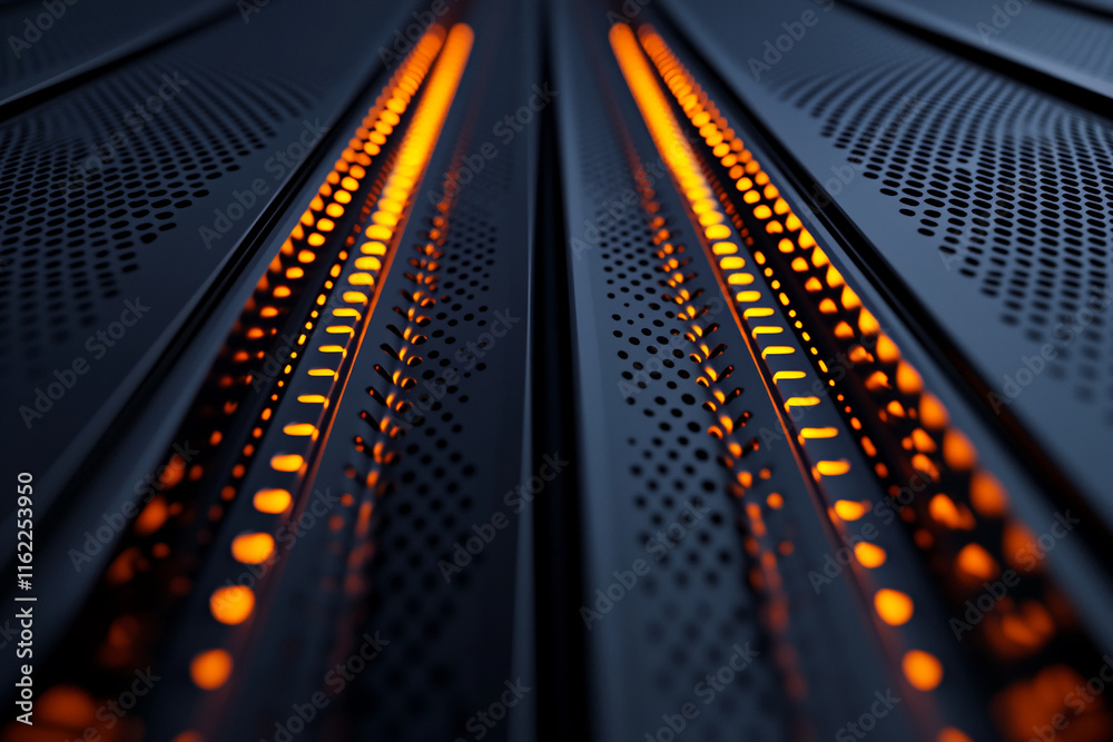 Poster futuristic orange glow on perforated metallic surface with dynamic design. gamer background