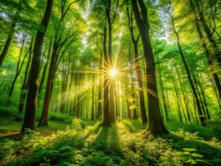 Fototapeta premium Lush woodland scenery bathed in sunlight, a vibrant green canopy overhead.