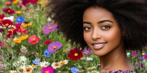 Naklejka premium Smiling African American woman with voluminous afro hairstyle amid vibrant wildflower meadow