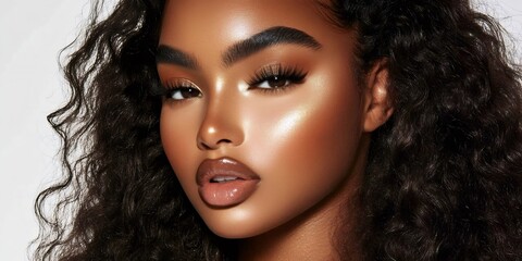 Fototapeta premium Close up portrait highlighting a model's professional makeup, accentuating her cheekbones and showcasing radiant, flawless skin