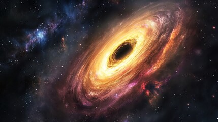 Fototapeta premium A gigantic black hole with swirling space debris, intense gravitational forces, cosmic colors in deep space