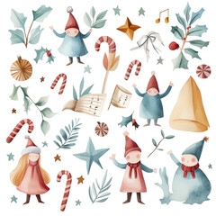 A group of little gnomes are standing in a field of Christmas decorations