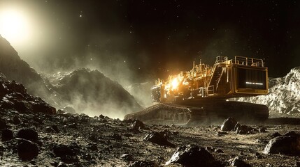A futuristic mining operation on an asteroid, robotic drills extracting minerals, sci-fi atmosphere