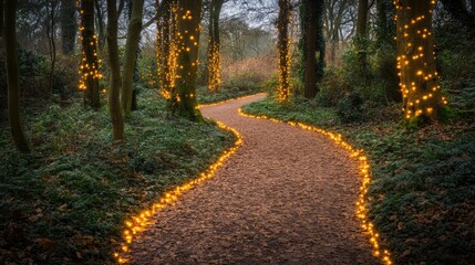 Obraz premium Enchanting Forest Path Illuminated By Fairy Lights