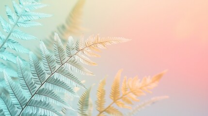 Naklejka premium Fern Crisp Vital, Fern Patterns Layered Over Soft Pastel Gradient Background for Copy Space