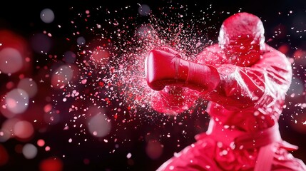 Boxer in red uniform throwing a punch, water splash effect, dark background.