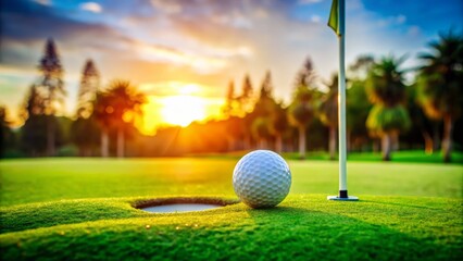 Golf Ball on Putting Green with Flag in Soft Focus Background - Stock Photo
