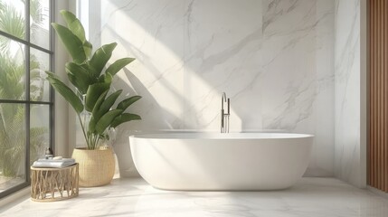 Fototapeta premium Modern Bathroom Featuring Freestanding Tub and Lush Greenery