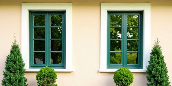 Elegant double-hung windows with a tranquil garden view and meticulously manicured greenery