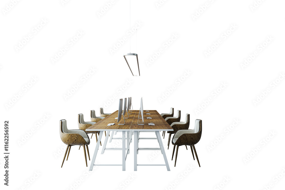 Poster a wooden table with chairs and computers in a modern meeting room layout, isolated on a clean white 