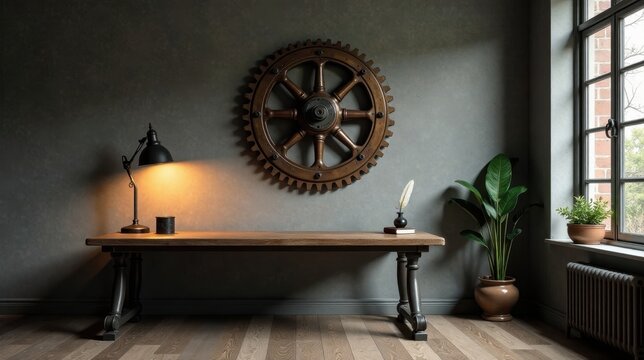 Industrial-chic workspace featuring a large decorative gear, a rustic wooden desk, a vintage-style desk lamp, and potted plants, creating a sophisticated and inviting atmosphere. - Powered by Adobe