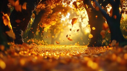 Golden Autumn Leaves Falling Through Trees