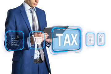 Businessman holding a tablet, finance-related icons floating, blue suit, white background, closeup, tax, finance, futuristic concept