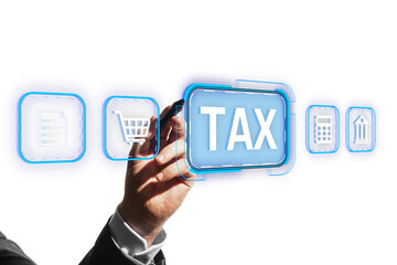 Hand interacting with virtual tax icon surrounded by business-related symbols, glowing effect, isolated white background, concept of finance