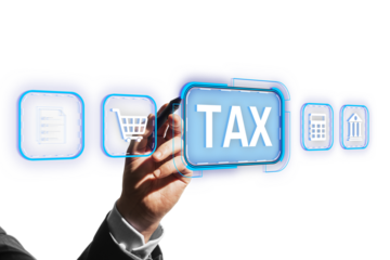 Hand interacting with virtual tax icon surrounded by business-related symbols, glowing effect, isolated white background, concept of finance