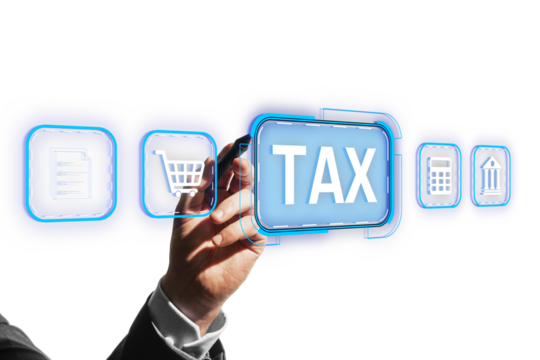Hand interacting with virtual tax icon surrounded by business-related symbols, glowing effect, isolated white background, concept of finance