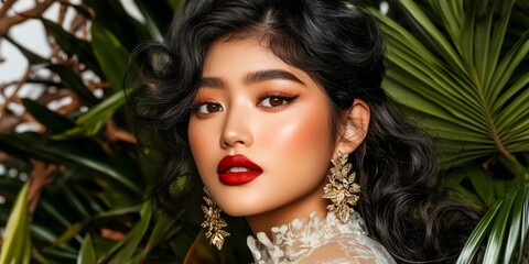 Fototapeta premium Young Southeast Asian woman sporting red lipstick, golden earrings, posing near lush tropical greenery with elegant beauty