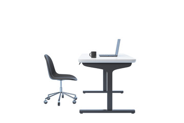 Black office chair and modern desk with laptop and mug, isolated on white background, clean minimalist design, workspace concept. 3D Rendering.