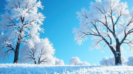 Serene Winter Landscape Frost-Covered Trees Under a Clear Blue Sky, Peaceful Snowy Field, Branches Adorned with Sparkling Icicles, Breathtaking Winter Wonderland Scene