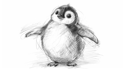 A cute pencil sketch of a waddling penguin with tiny flippers and a big, round belly.