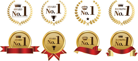 Number one and first place emblems with laurel and ribbon. best product vector label
