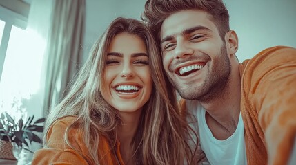 Fototapeta premium Happy couple taking a selfie, enjoying a joyful moment.