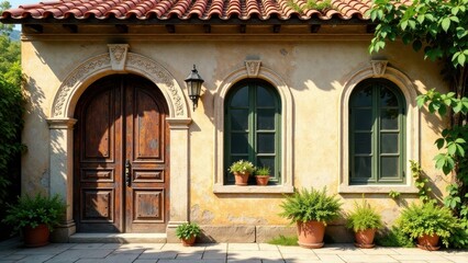 Fototapeta premium Mediterranean-style building facade with arched entryway, rustic wooden door, and ornate window details, showcasing potted plants and a tranquil garden setting