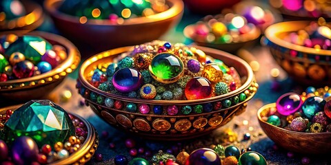 High-Quality Bowls Overflowing with Precious Gemstones: Close-Up Worm's Eye View Photography