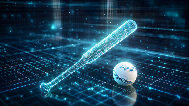 glowing neon baseball bat and ball in futuristic digital setting
