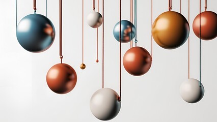 A 3D representation of hanging spheres on a pristine white canvas