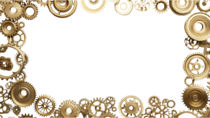 Golden Gear Frame, intricately designed square frame composed of individual golden gears, set against a clean white backdrop.