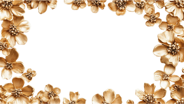 Golden Floral Frame, exquisite arrangement of gold flower clusters in a square design against a pristine white backdrop, elegant and refined