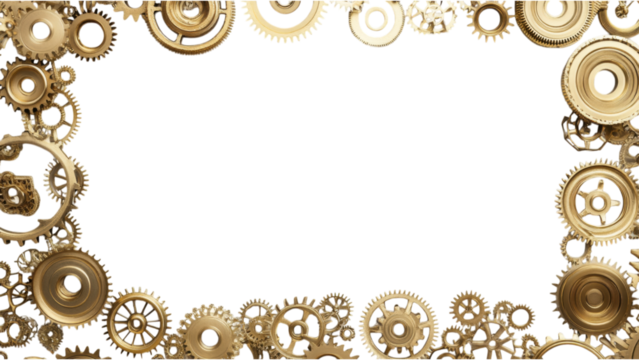 Golden Gear Frame, intricately designed square frame composed of individual golden gears, set against a clean white backdrop.