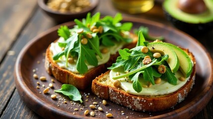 Delicious Toasted Bread with Creamy Spread, Avocado Slices, and Fresh Arugula Garnish