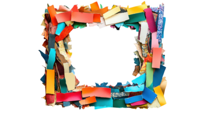 Layered Paper Scrap Frame, intricate square pattern, colorful textures, white background, artistic composition, modern decorative piece