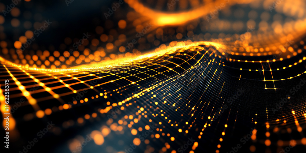 Poster Abstract Glowing Wave of Orange Dots and Grid Lines in a Futuristic Digital Background