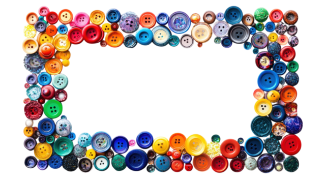 Colorful Button Frame, vibrant multicolored buttons create a square pattern on a crisp white background, playful and artistic display.