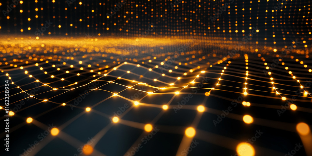 Poster abstract glowing golden grid with depth perspective in a futuristic digital background